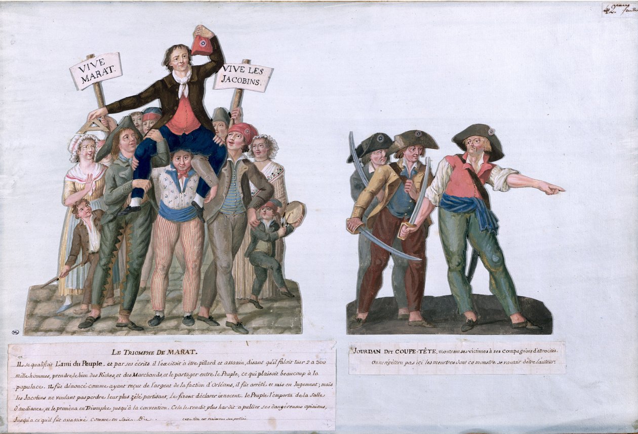 The Triumph of Marat ja Camille Jordan sanoivat "Leikkaa päänsä", n. 1792 (guassi kortissa) tekijältä Lesueur Brothers