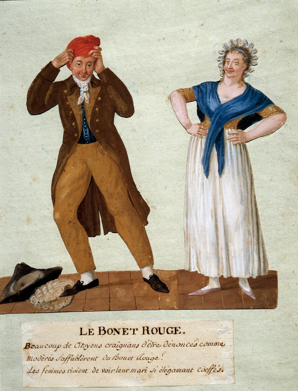 Punainen hattu Miesten hattu on päällään Fryygian hattu vuoden 1789 vallankumouksen aikaan. Lesueurin veljien guassi. 1700-luvulla. Musee Carnavalet, Pariisi tekijältä Lesueur Brothers