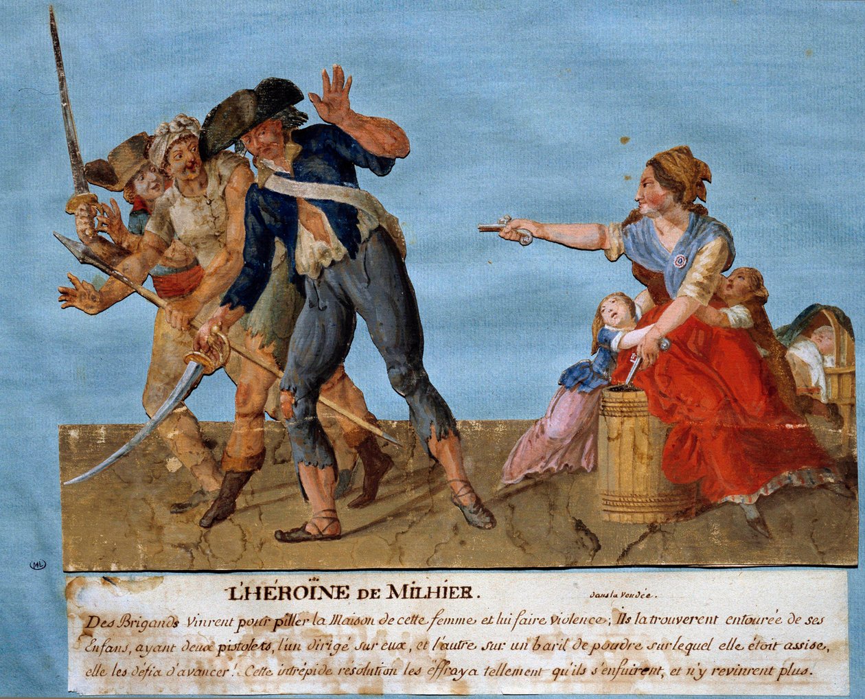 Vendeen sota: "" Milhierin sankaritar"". Nuori nainen uhkaa kahta ryöstäjää räjäyttää ruutitynnyrin, jos he uskaltavat mennä eteenpäin. Gouache des freeres Lesueur (1700-luku) Musee Carnavalet, Pariisi tekijältä Lesueur Brothers