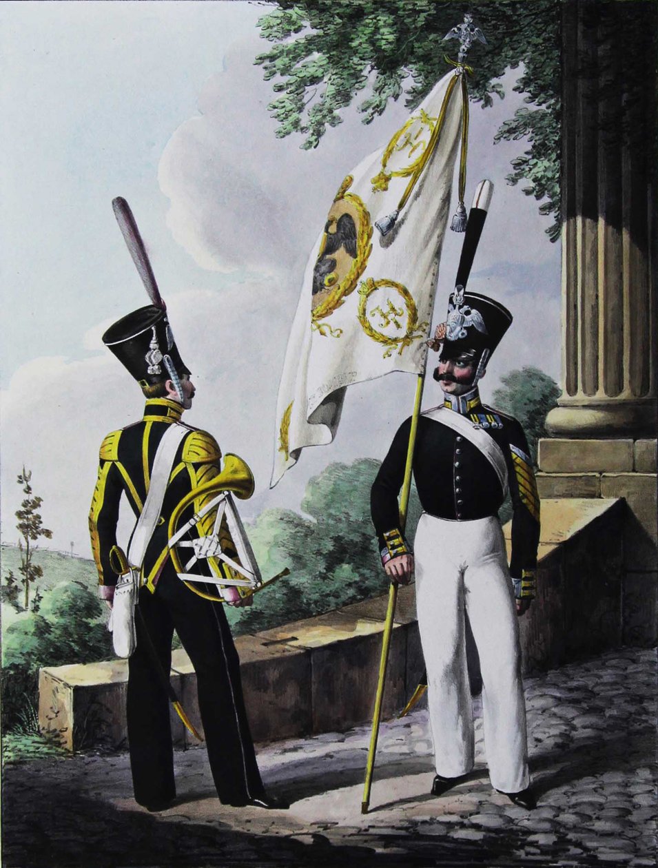 Porte-epee-Praporshchik ja varuskuntapataljoonan hornisti, 1829 tekijältä Lev Alexandrovich Belousov