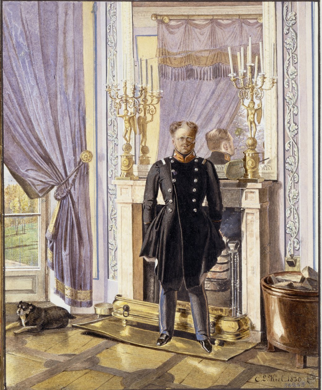 Muotokuva Venäjän suurruhtinas Konstantin Pavlovichista (1779-1831), takan edessä. (Venäjän suurruhtinas Konstantin Pavlovitšin muotokuva takalla). Lev Ivanovich Kielin (?-1851) teos, akvarelli paperille tekijältä Lev Ivanovich Kiel