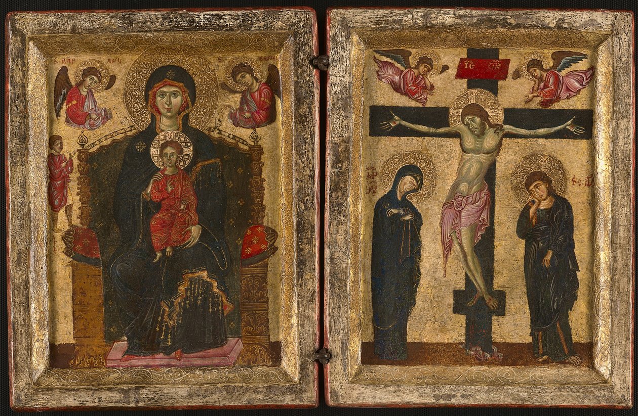 Diptyykki, jossa Neitsyt ja lapsi istuivat ja ristiinnaulitseminen, 1275-80 tekijältä Levantine School