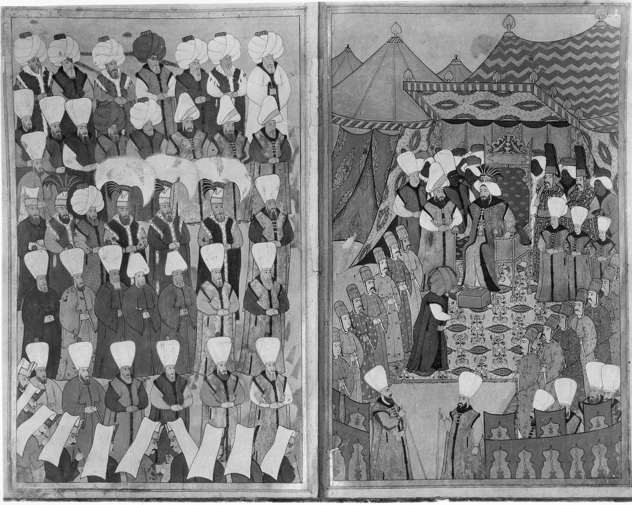 Sulttaani Ahmed III jakaa rahaa Bagdadin kioskin edessä ympärileikkausseremonioiden aikana, Vehbin "Livre de Rejouissances" -teoksesta, noin 1720. tekijältä Levni