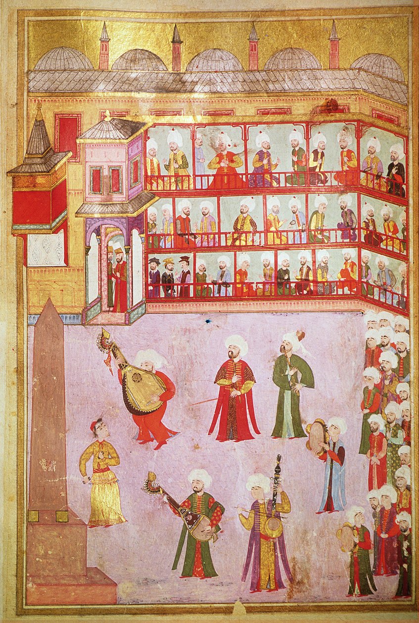 TSM H.1344 Festivaaleilla soittava tanssija ja muusikot, 1582-83 tekijältä Levni