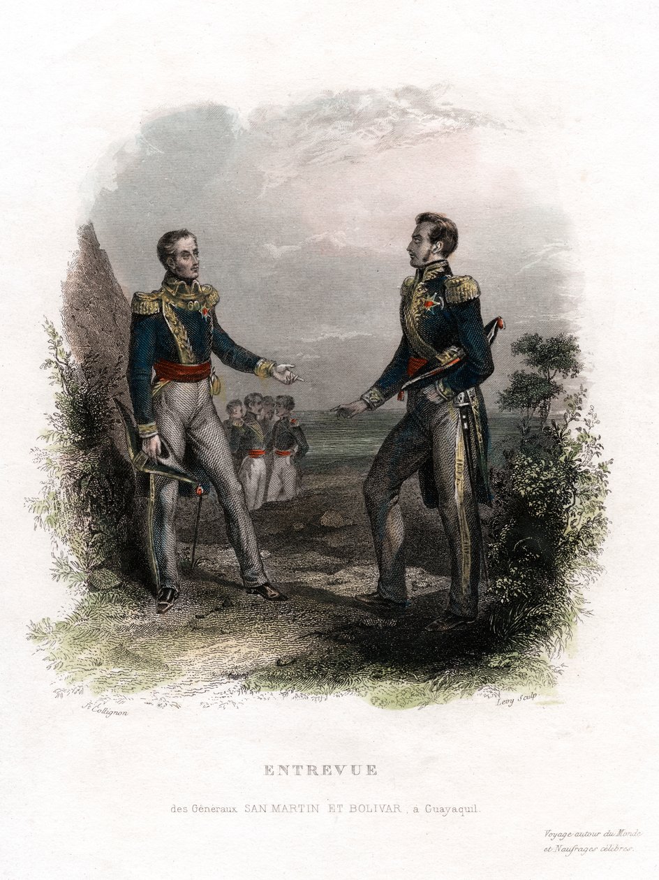 Kenraalien San Martinin ja Bolivarin tapaaminen, Guayaquil, Ecuador, 1822, 1800-luku. tekijältä Levy