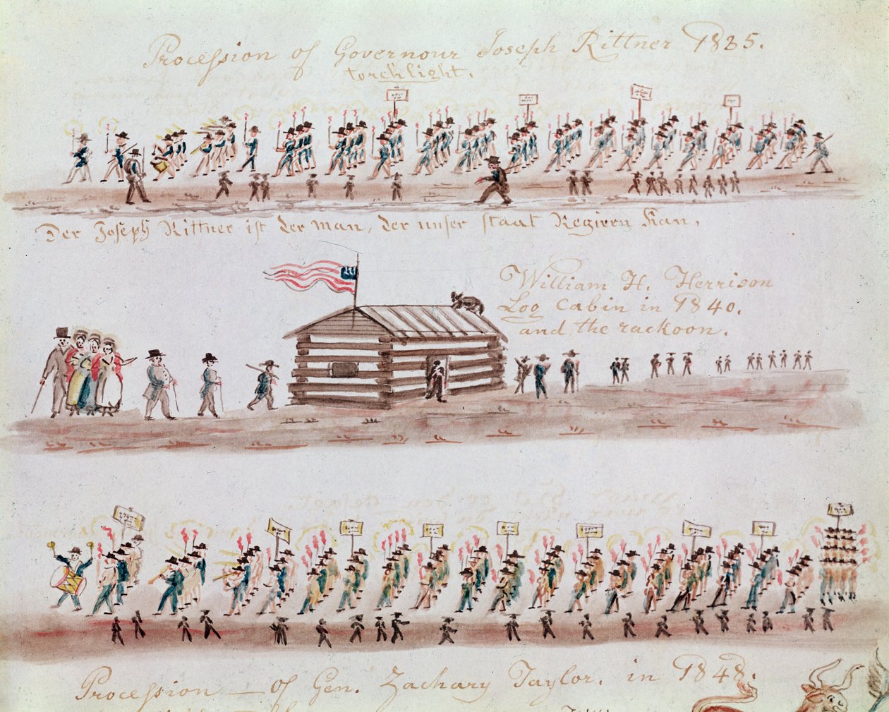Kolme luonnosta, jotka kuvaavat tapahtumia Amerikan historiassa tekijältä Lewis Miller