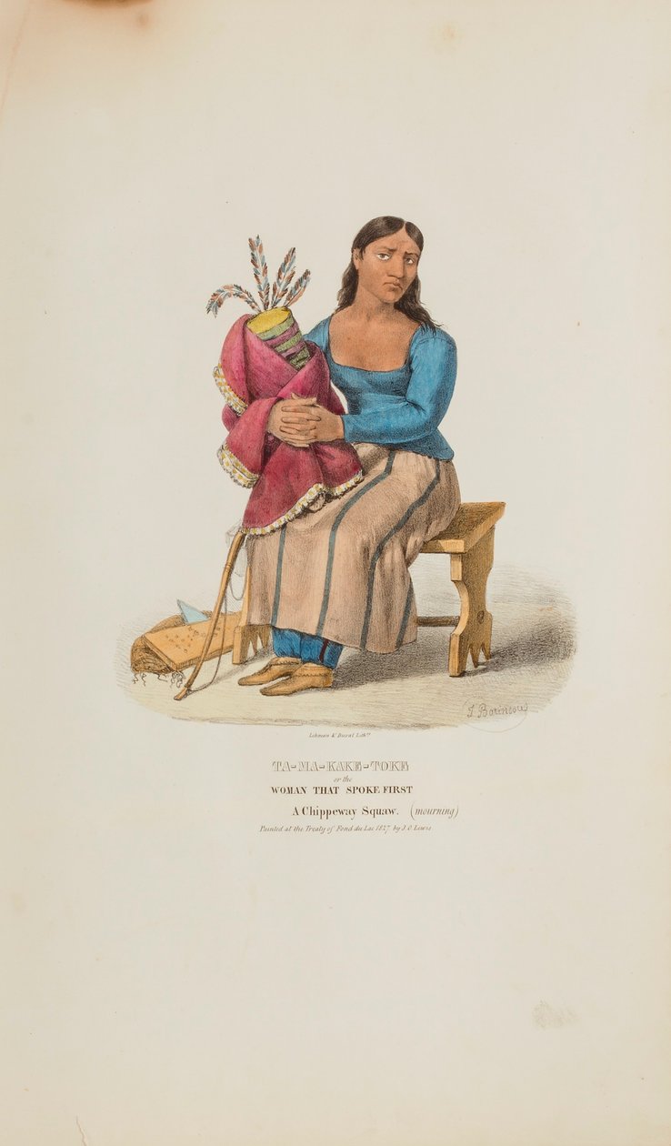 TA-MA-KAKE-TOKE tai nainen, joka puhui ensin; Chippeway-nainen (suremassa), julkaisusta The Aboriginal Portfolio. tekijältä Lewis, James Otto