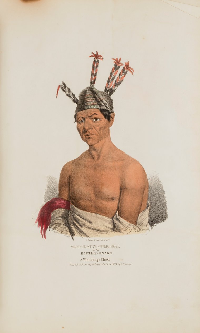 WAA-KAUN-SEE-KAA eli kalkkarokäärme; Winnebagon päällikkö, julkaisusta The Aboriginal Portfolio (Aboriginaalisalkku) tekijältä Lewis, James Otto
