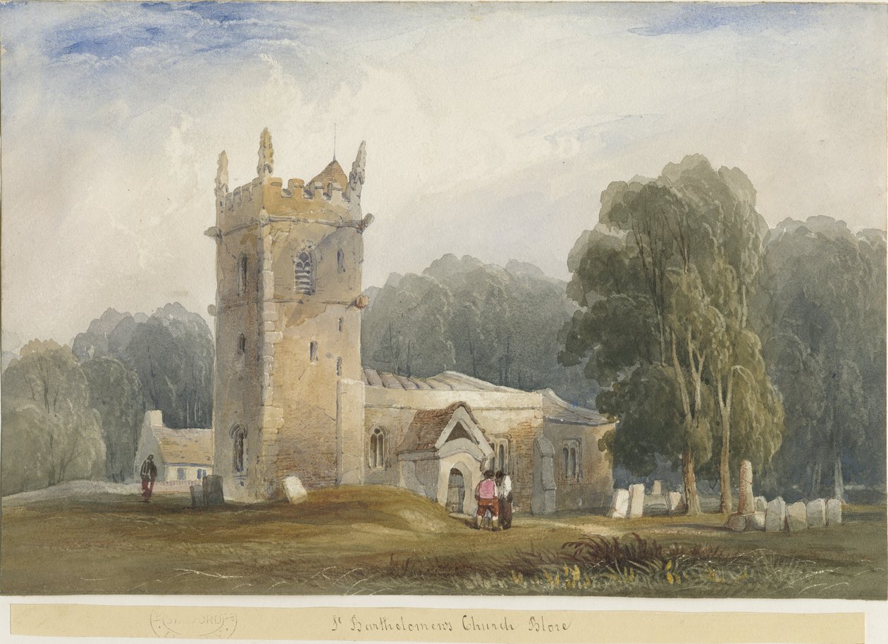 Blore Church: akvarellimaalaus ja [c 1830] tekijältä Lewis John Wood