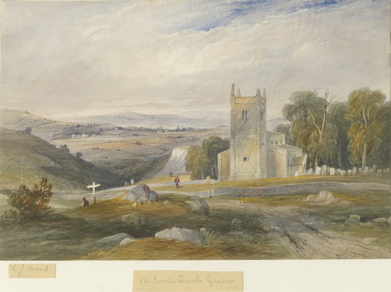 Grindon Church: akvarellimaalaus ja [c 1830-1845] tekijältä Lewis John Wood