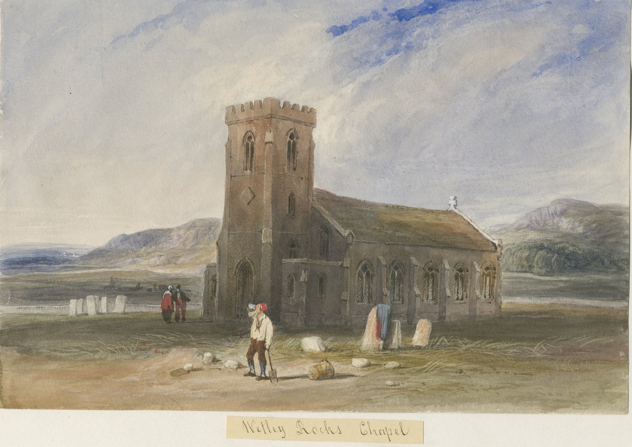 Wetley Rocks - Chapel: akvarellimaalaus ja [c 1830-1840] tekijältä Lewis John Wood