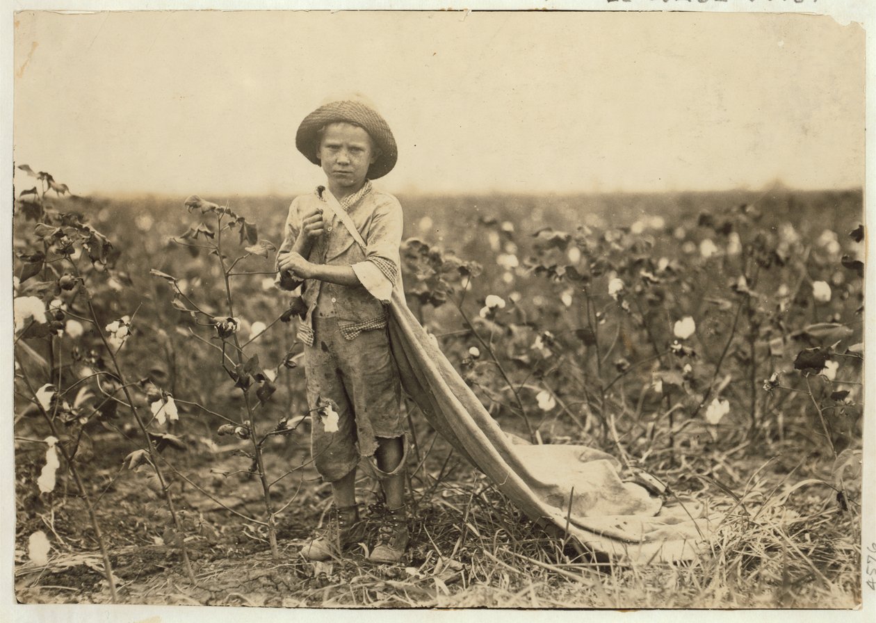 6-vuotias Warren Frakes noin 20 kiloa puuvillaa laukussaan Comanche Countyssa, Oklahomassa, 1916 tekijältä Lewis Wickes Hine