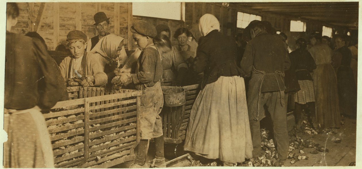 Johnnie, 9-vuotias osterishucker, jota katseli (putken kanssa) shucking-vajan pomo Dunbarissa, Louisianassa, 1911 tekijältä Lewis Wickes Hine