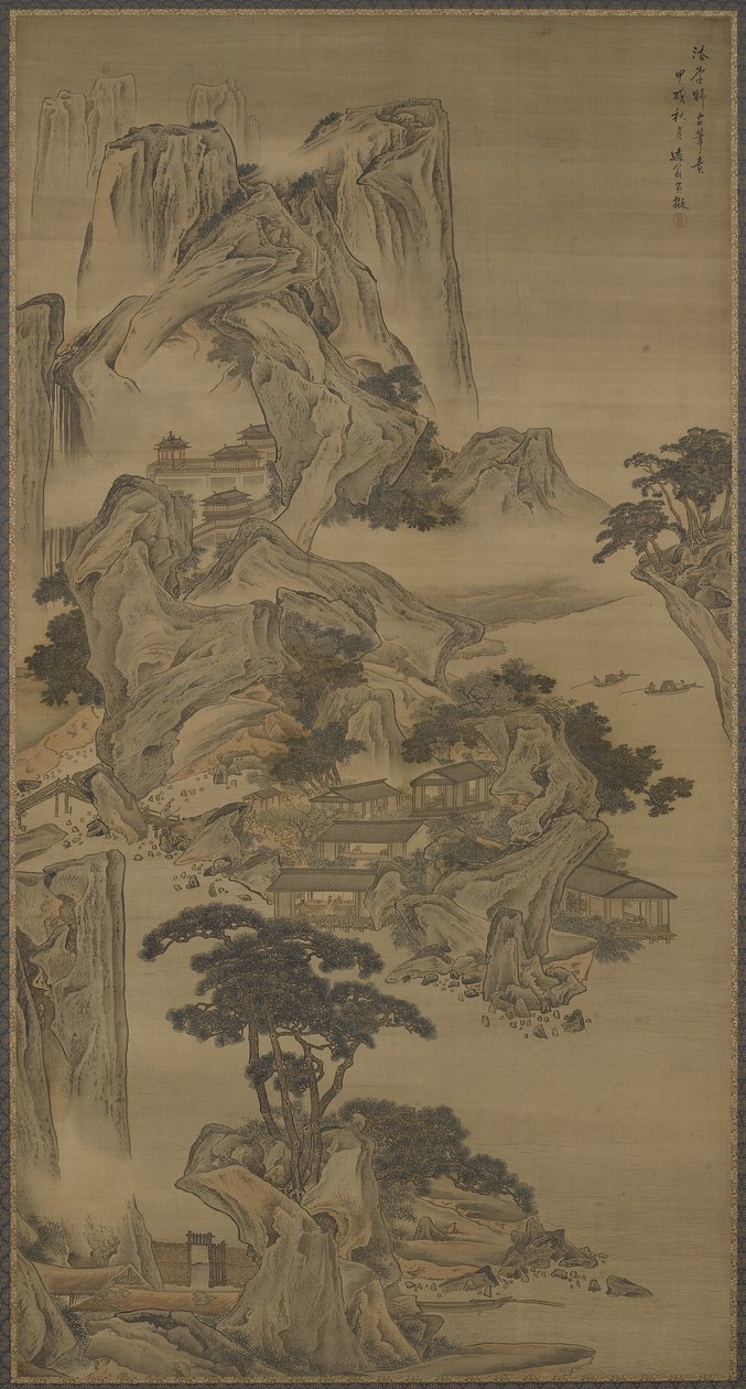 Eläkkeelle siirtyminen joelle, Li Tangin tyyliin, Qing-dynastia, 1694 (muste ja väri silkillä) tekijältä Li Yin