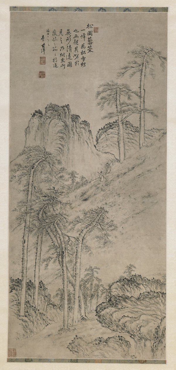 Kävely sauvojen kanssa Pine Hillillä, Qing-dynastia, n. 1760 (muste paperille) tekijältä Li Shizuo