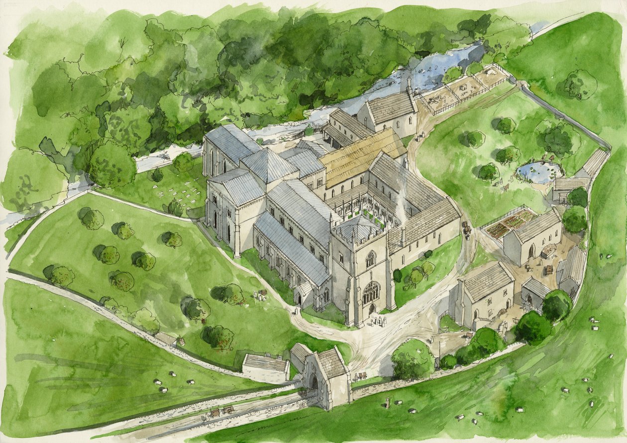 Shap Abbeyn rekonstruktio 1530-luvulla (vesiväri paperille) tekijältä Liam Wales