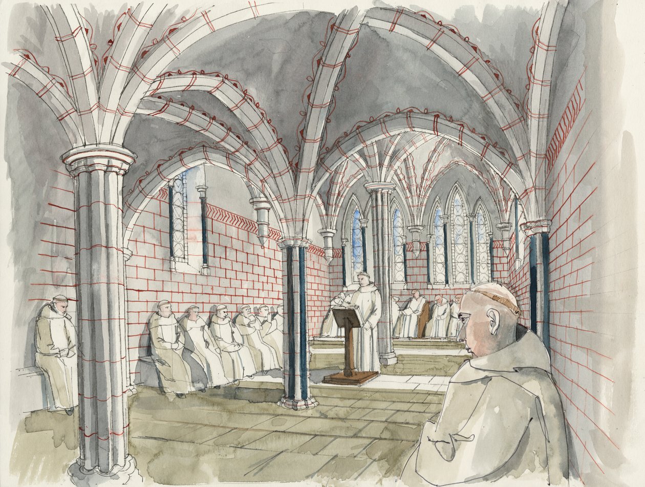 Shap Abbeyn kappelitalon jälleenrakennus noin 1530 (vesiväri paperille). tekijältä Liam Wales