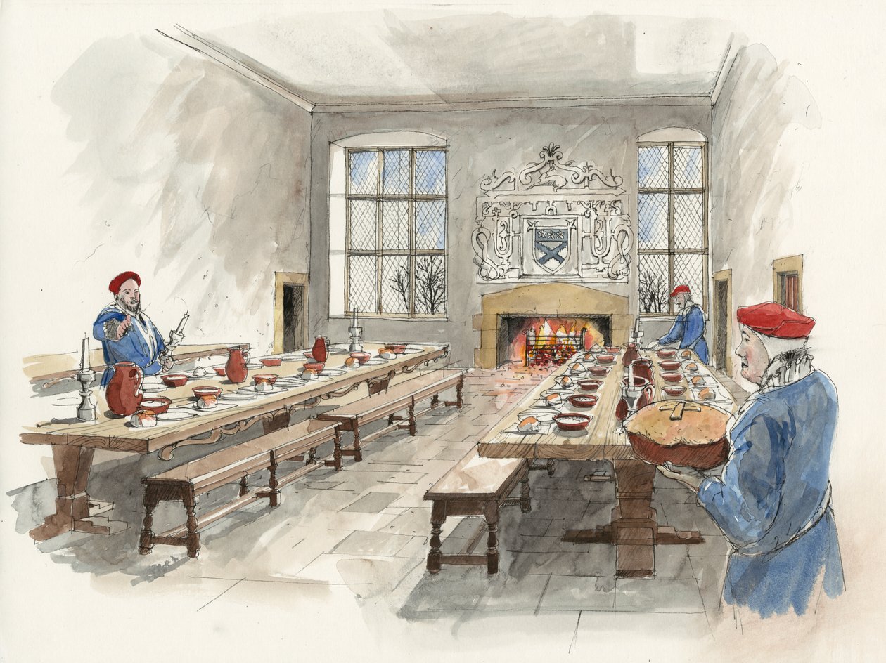 Hardwick Old Hallin suuren salin rekonstruktio vuonna 1601 (vesiväri paperille). tekijältä Liam Wales
