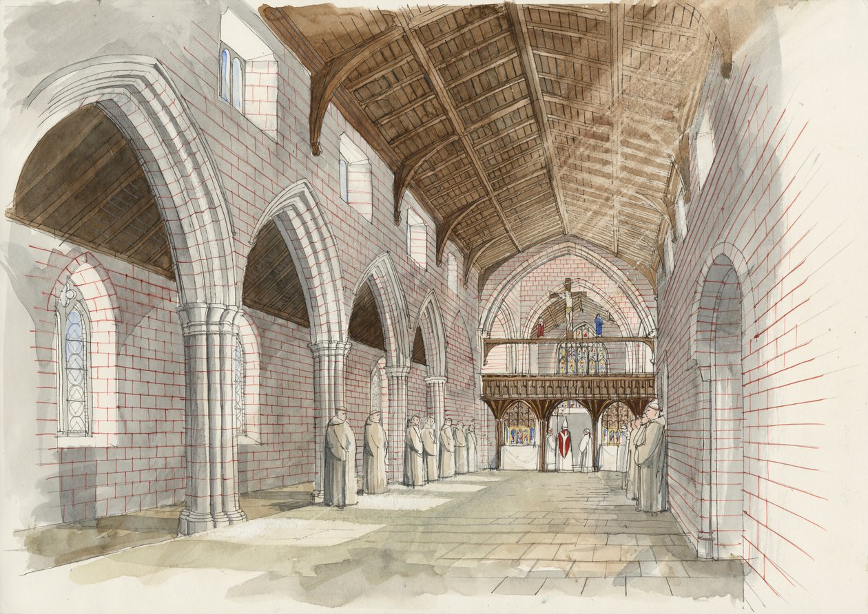 Shap Abbeyn luostarikirkon keskilaivan rekonstruktio noin 1530 (vesiväri paperille). tekijältä Liam Wales