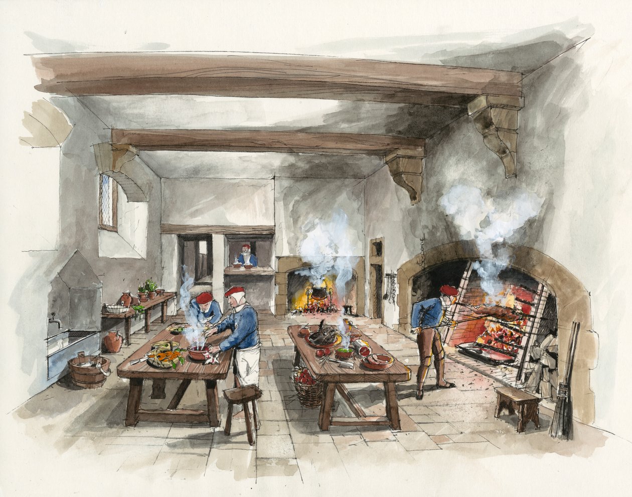 Hardwick Old Hallin keittiön rekonstruktio vuonna 1601 (vesiväri paperille). tekijältä Liam Wales