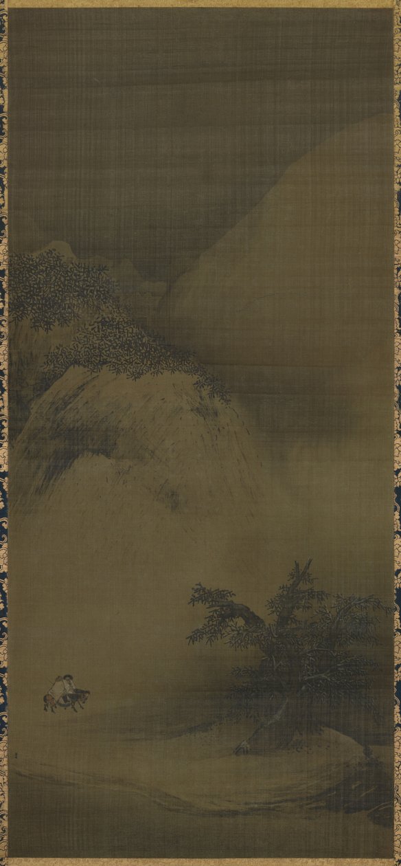 Luminen maisema, maisemamaalaus (絹本 墨 画 淡彩 雪景 山水 図, kenpon bokuga tansai sekkei sansui zu). Riippuva vieritys tekijältä Liang Kai
