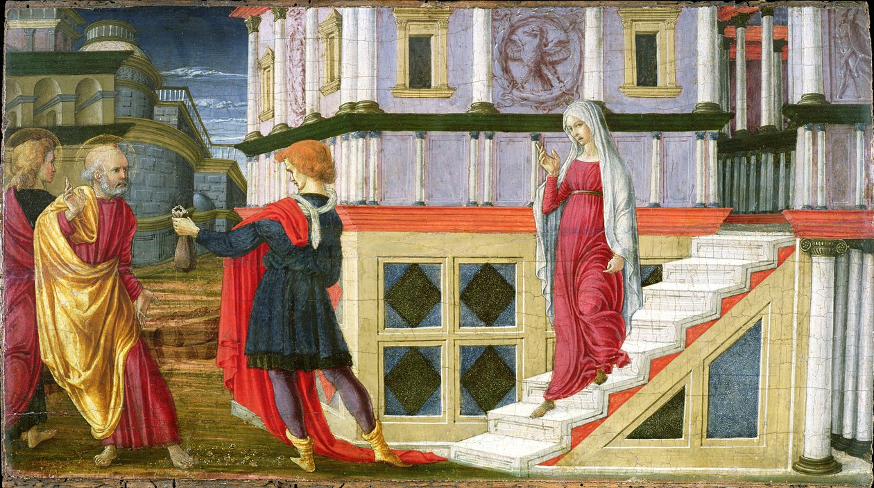 Simon Magus tarjoaa St. Peter Moneyta, 1470-75 (tempera paneelissa) tekijältä Liberale da Verona