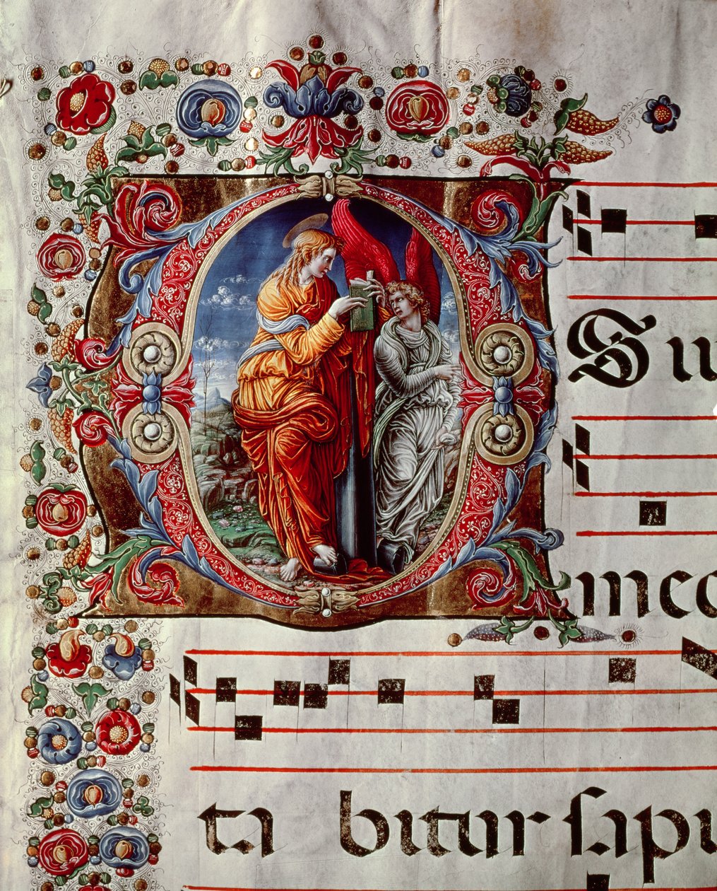 Annunciation, historiallinen alkukirjain O, yksityiskohta sivusta antifonaalista, n. 1473-1479 tekijältä Liberale da Verona