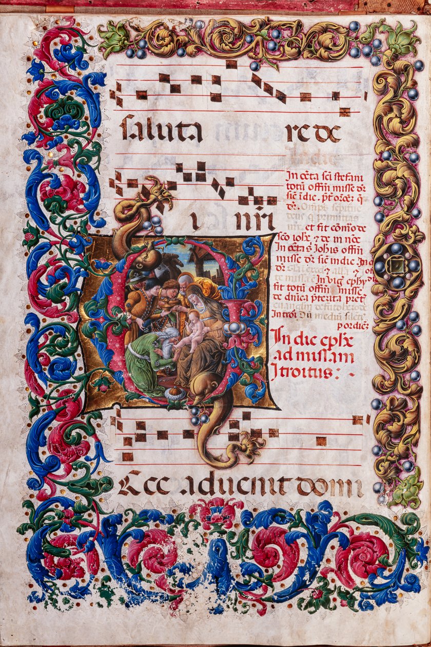 Piccolomini-kirjasto: kuorokirja, turska. 19.4, ff. 9v "Adoration of the Magi", kirjoittaja Liberale da Verona (noin 1445 - 1527/9). tekijältä Liberale da Verona