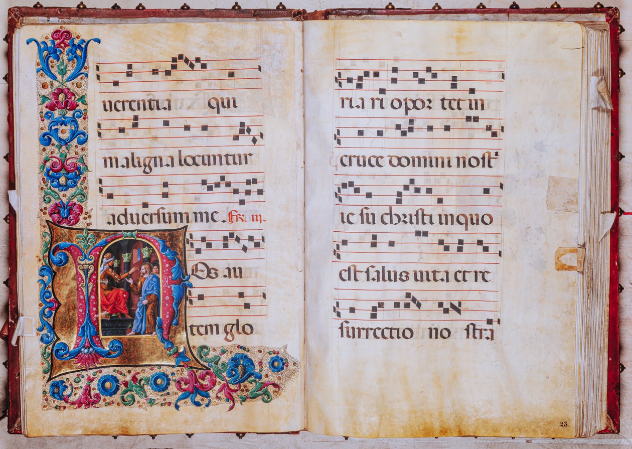 Piccolomini-kirjasto: kuorokirja, turska. 22.7, ff. 22v-23r kanssa "Kristus Pilatuksen edessä", Liberale da Verona (noin 1445 - 1527/9). tekijältä Liberale da Verona