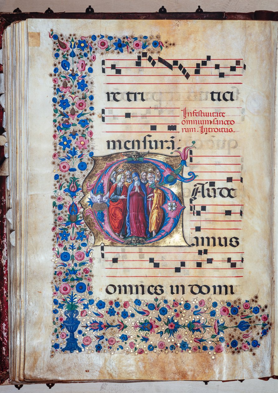 Piccolomini-kirjasto: kuorokirja, turska. 28.12, eteenpäin 94v "Neitsyt ja kaikki pyhät" kanssa, kirjoittaneet Francesco Rosselli ja Liberale da Verona (noin 1445 - 1527/9). tekijältä Liberale da Verona
