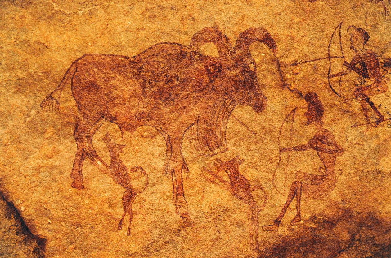 Jousimiehet, koirat ja sorkkaeläin, luolamaalaus, Tassili n