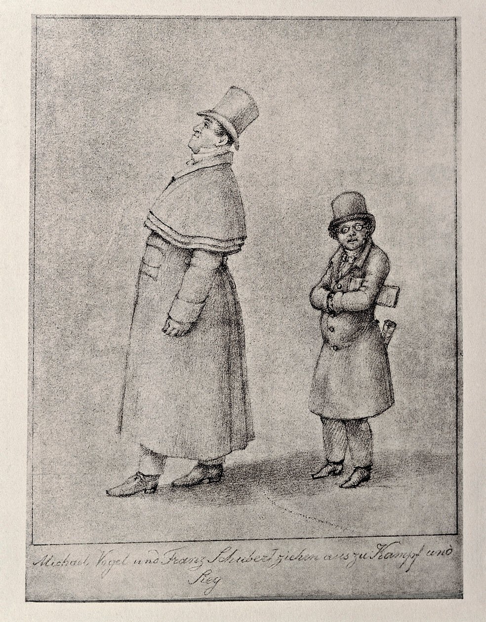 Itävalta, Wien, Karikatyyri itävaltalaisesta baritonilaulaja Johann Michael Voglista ja säveltäjä Franz Peter Schubertista, noin 1825, lyijykynäpiirros tekijältä Unbekannt Unbekannt