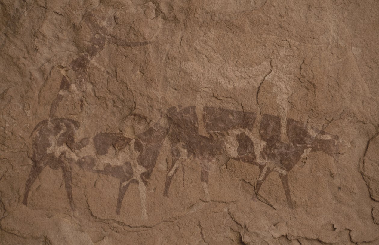 Nautakarja ja ihmishahmot, luolamaalaus, Oued in Djeran, Near Djanet, Tassili n