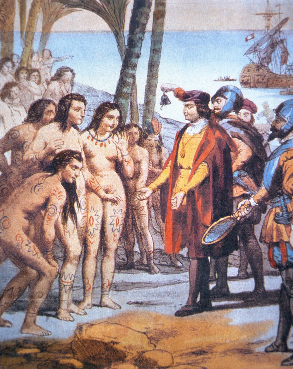 Kristoffer Kolumbus laskeutuu uuteen maailmaan vuonna 1492, ja häntä tervehtivät taino-intiaanit (väri litho) tekijältä Unbekannt Unbekannt