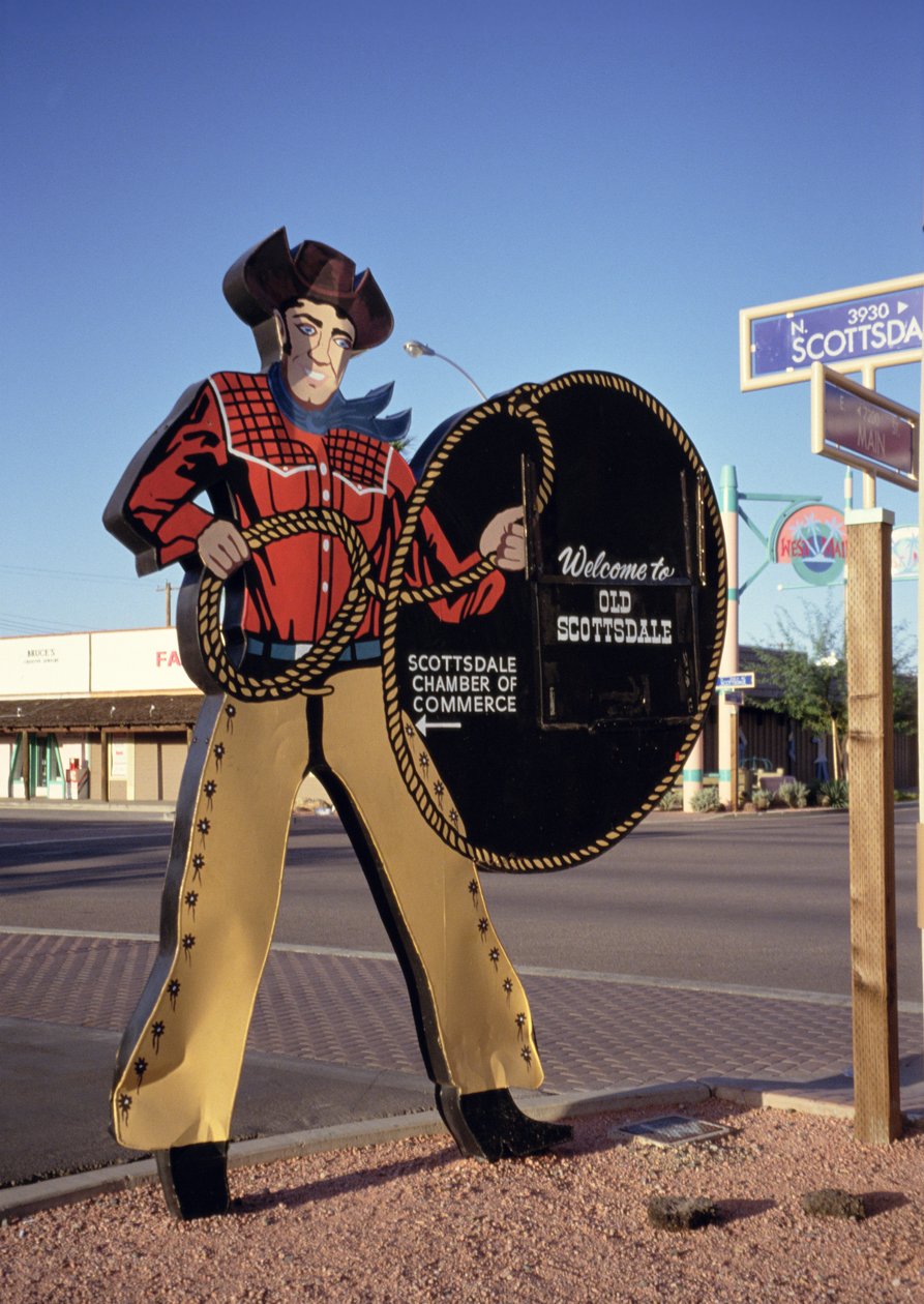 Cowboy-hahmo kyltti toivottaa turisteja Scottsdaleen, Arizonaan (kuva) tekijältä Unbekannt Unbekannt