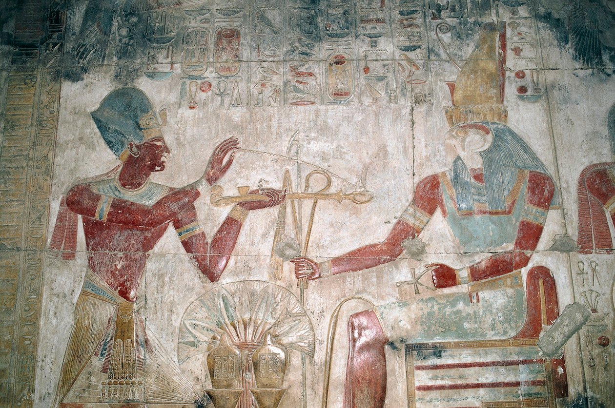 Egypti, Abydos, faarao Seti I:n temppeli, Osiriksen kappeli. Yksityiskohta, maalattu reliefi, Uusi kuningaskunta, dynastia XIX tekijältä Unbekannt Unbekannt
