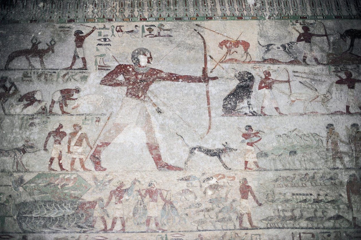 Egypti, Beni Hasanin hautausmaa, Khnumhotep III:n hauta, metsästyskohtausta kuvaava seinämaalaus tekijältä Unbekannt Unbekannt