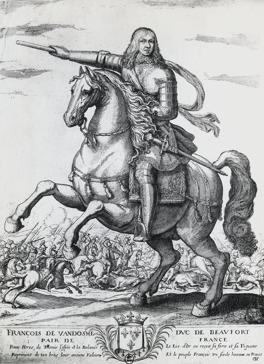 Ratsastusmuotokuva Francis Bourbon-Vendomesta (1616-1669), Beaufortin toisesta herttuasta ja ranskalaisesta kenraalista, Nicolas de La Fagen (1600?-1655) kaiverrus tekijältä Unbekannt Unbekannt