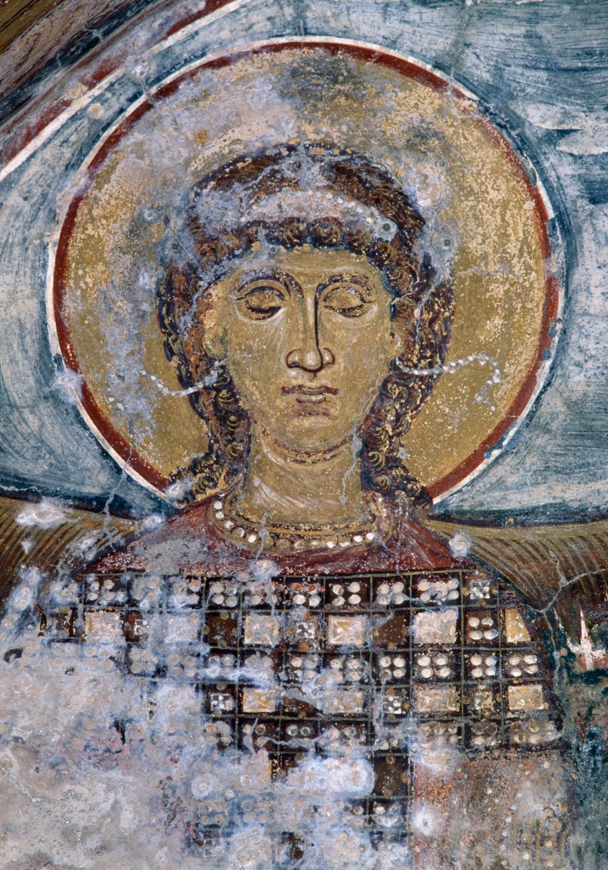 Fresko pyhimyksen kanssa bysanttilaisessa Agios Georgioksen kirkossa, Vathissa, Kreetalla, Kreikassa (kuva) tekijältä Unbekannt Unbekannt