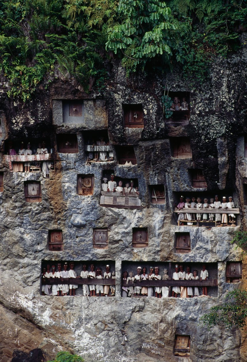 Hautajaiset, joissa on Tau Taun ruumishuonehahmoja, Lemon kylä, Tana Toraja, Sulawesin saari, Indonesia. tekijältä Unbekannt Unbekannt