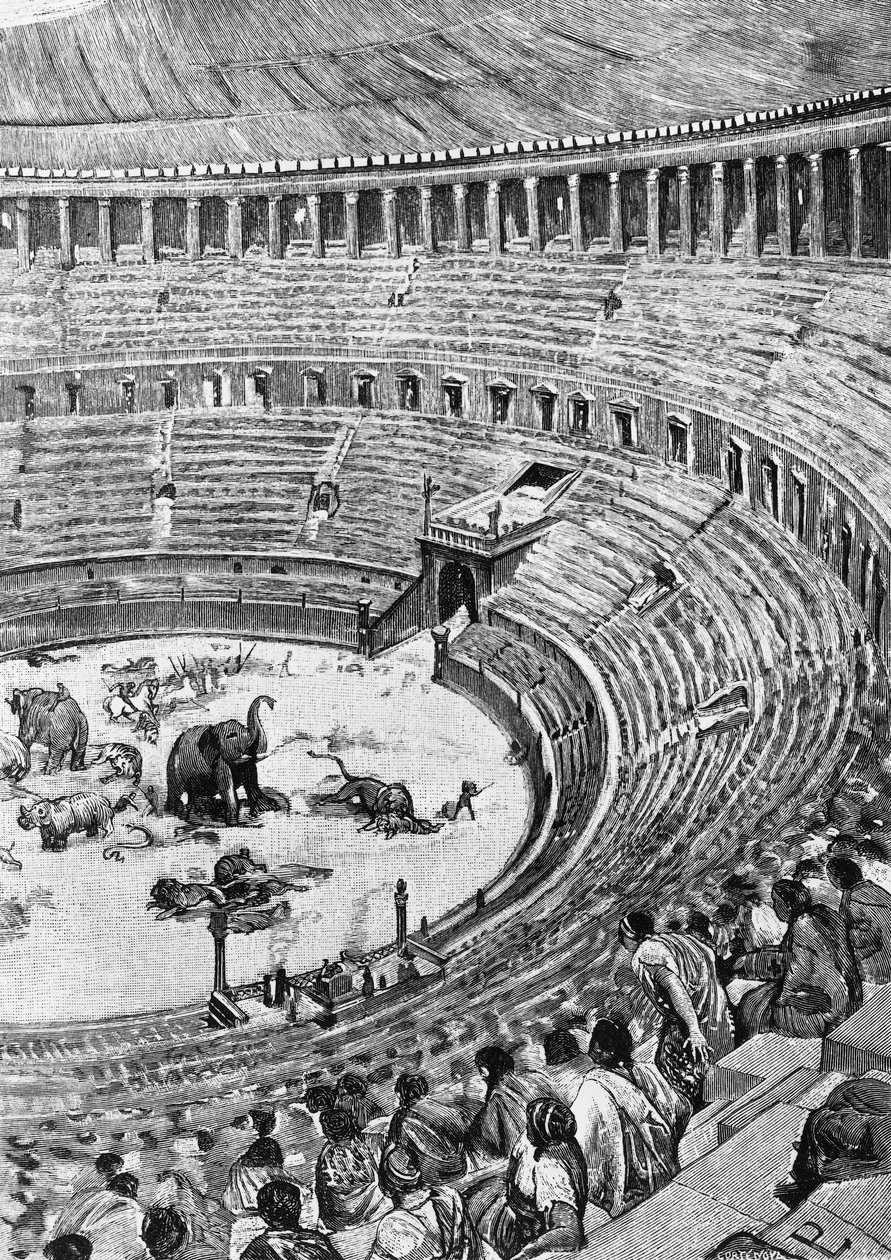 Colosseumina tunnetun Flavian-amfiteatterin avajaiset Roomassa vuonna 80 jKr. yleisön katsomassa eläintaistelua, kuvitus Rooman historiasta, kirjoittanut Francesco Bertolini (1836-1909), Treves, Milano tekijältä Unbekannt Unbekannt