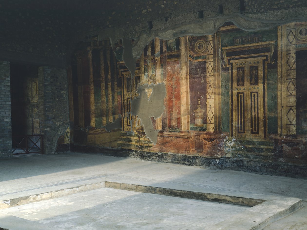 Italia, Campania, Oplonti, Torre Annunziatan arkeologinen alue, Roomalainen Villa Poppaea, Freskot arkkitehtonisilla aiheilla toisessa pompeilaisessa tyylissä tekijältä Unbekannt Unbekannt
