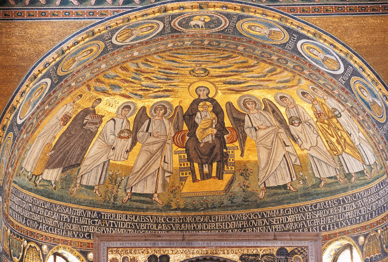 Madonna ja lapsi enkelien ja pyhimysten välissä, mosaiikki Eufrasiuksen basilikan apsidissa, Porec, Istria, Kroatia, 6. vuosisata tekijältä Unbekannt Unbekannt