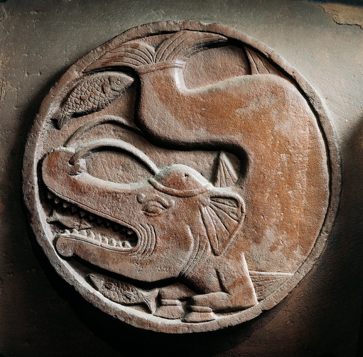 Medallion merieläimellä elefanttikalan päästä, helpotus Bharhutin stupasta, buddhalainen muistomerkki, Madhya Pradesh, Intia, Intian sivilisaatio, 2. vuosisadalla eKr. tekijältä Unbekannt Unbekannt