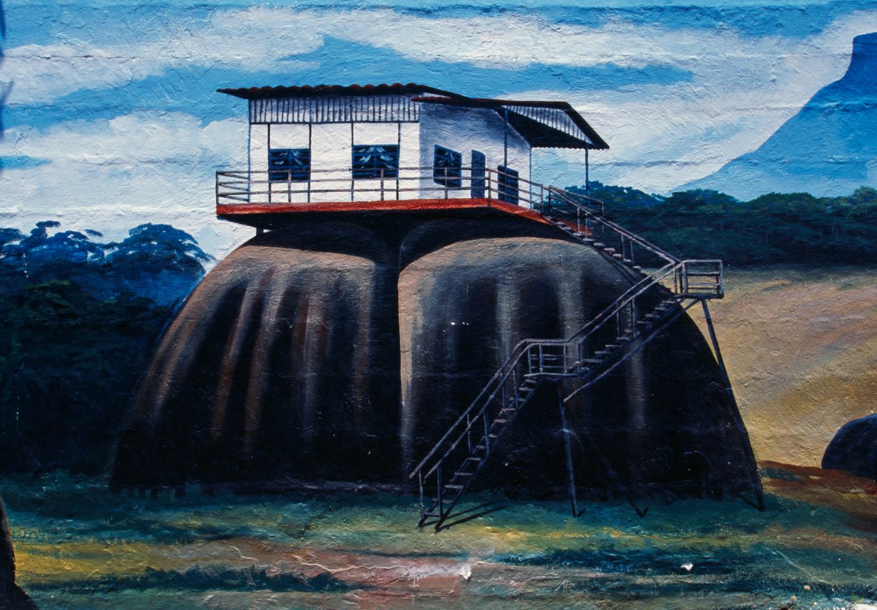 Seinämaalaus, joka kuvaa metsäheimojen taloa rekonstruoituna etnologisessa museossa Amazonas Monsignor Enzo Ceccarelli, Puerto Ayacucho, Amazonasin osavaltio, Venezuela tekijältä Unbekannt Unbekannt