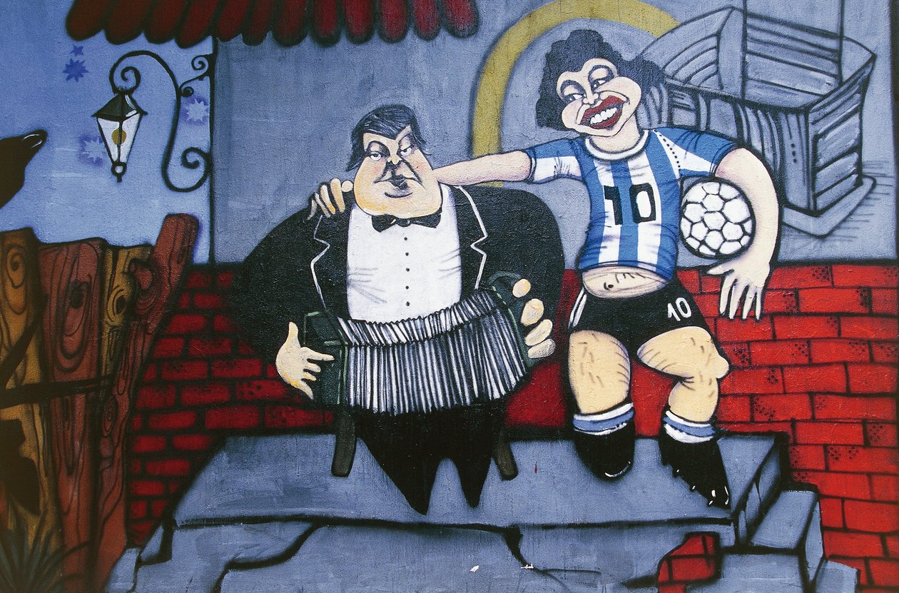 Muusikko Anibal Troilo ja jalkapalloilija Diego Maradona, seinämaalaus Caminito-kujan seinälle, La Boca, Buenos Aires, Argentiina tekijältä Unbekannt Unbekannt