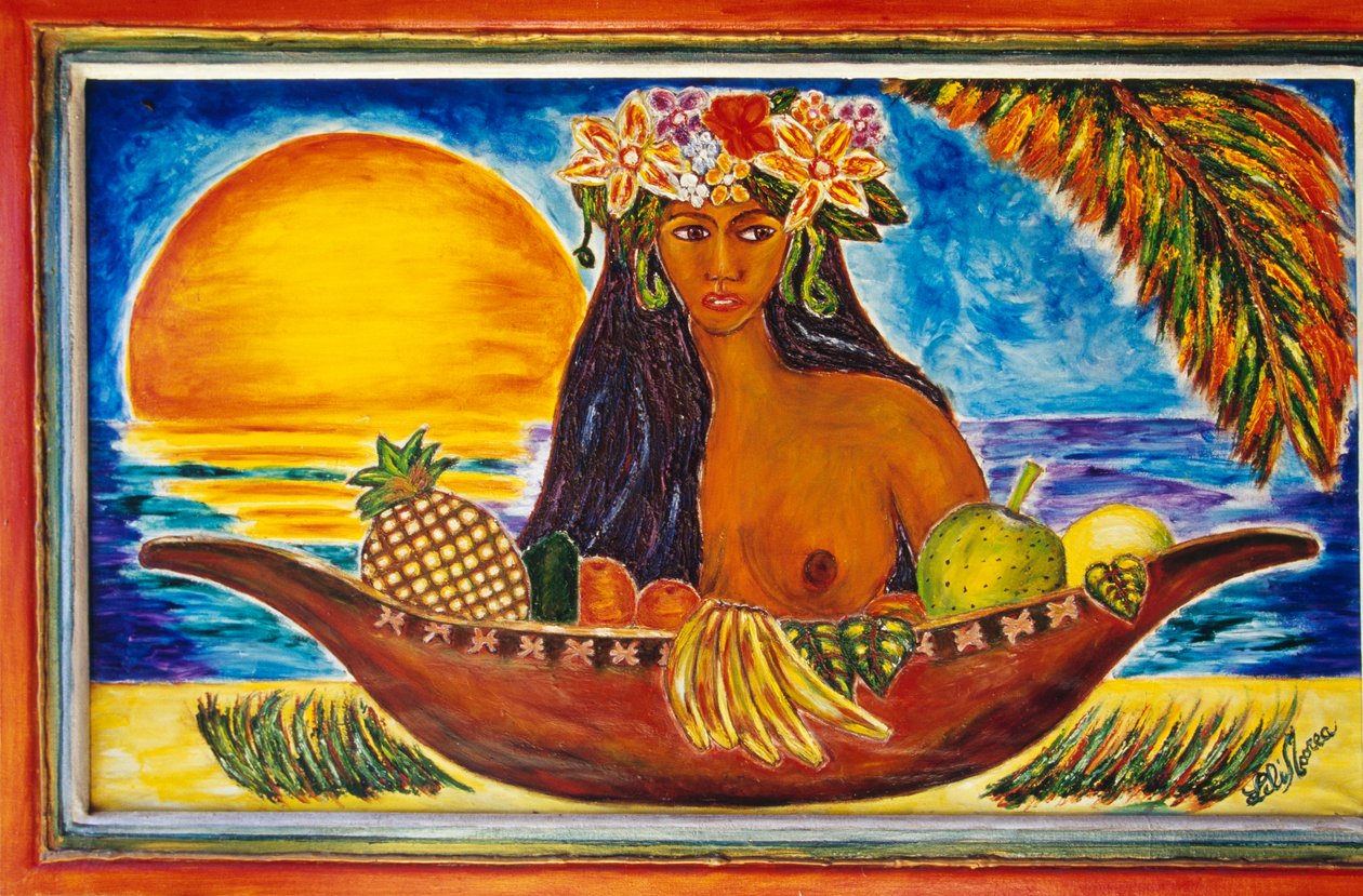 Maalattu lasi polynesialaista naista, Moorean saari, Seurasaaret, Ranskan Polynesia (Ranskan tasavallan merentakainen alue), yksityiskohta tekijältä Unbekannt Unbekannt