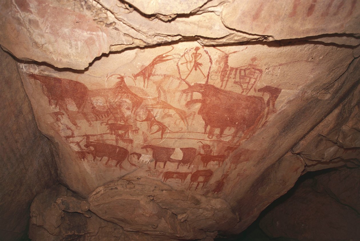 Metsästyskohtauksia kuvaava maalaus, Saharan kalliotaide, Enneri Tougwi, Tibesti, Tšad tekijältä Unbekannt Unbekannt