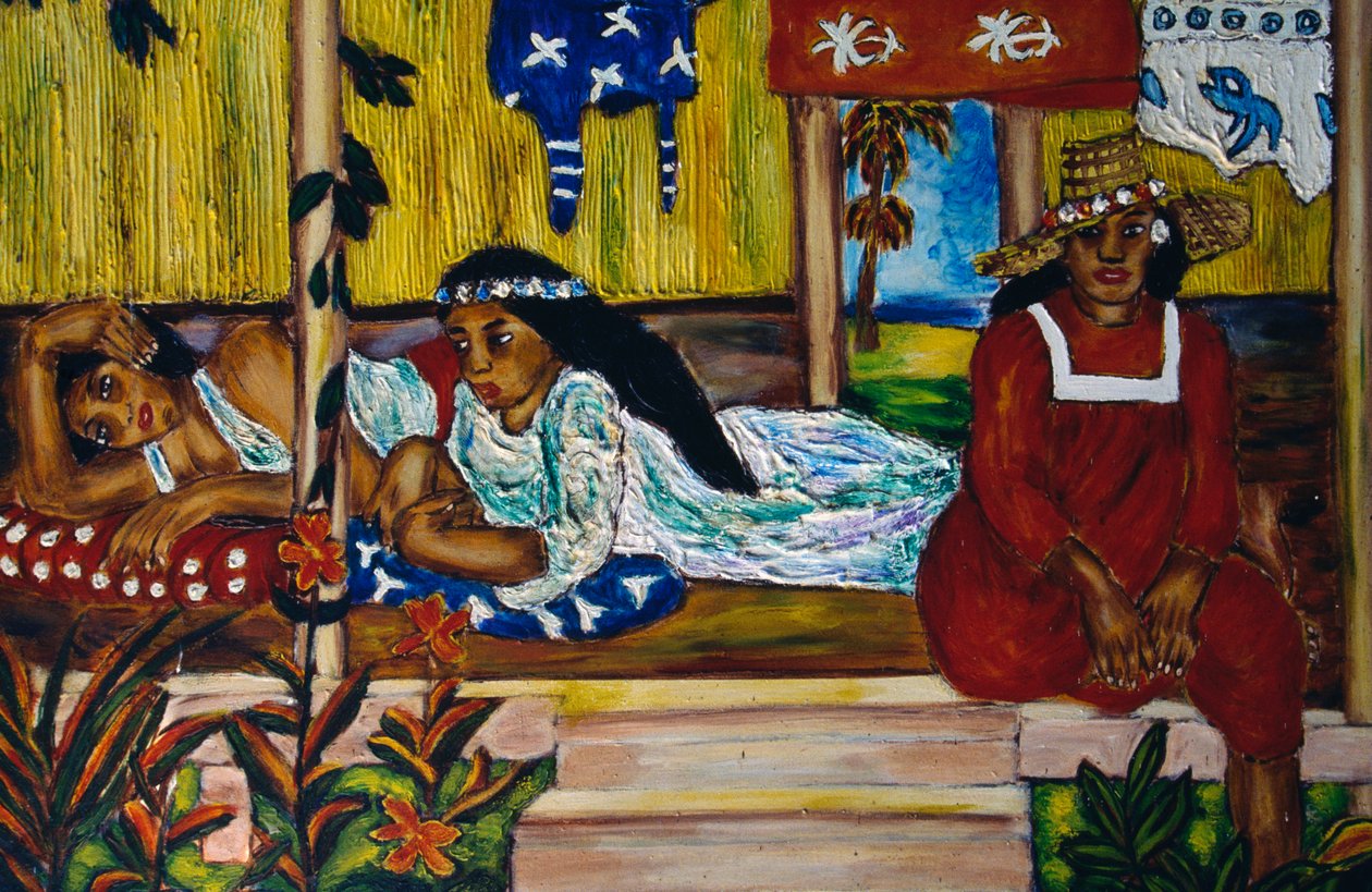 Polynesialaiset naiset, lasimaalaus, Moorea Island, Society Islands, Ranskan Polynesia, Ranskan tasavallan merentakainen alue tekijältä Unbekannt Unbekannt