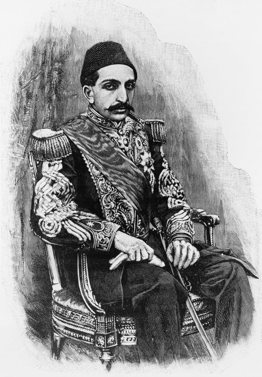 Muotokuva Abdul Hamid II:sta (1842-1918), ottomaanien valtakunnan 34. sulttaani vuosina 1876-1909, kaiverrus valokuvan perään tekijältä Unbekannt Unbekannt
